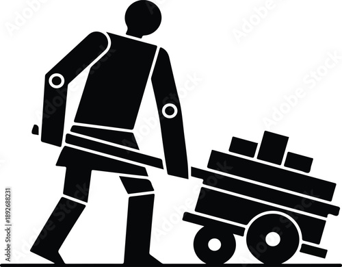 Stylized black silhouette of a street vendor pushing a heavy cart filled with goods, depicting hard work or commerce.
