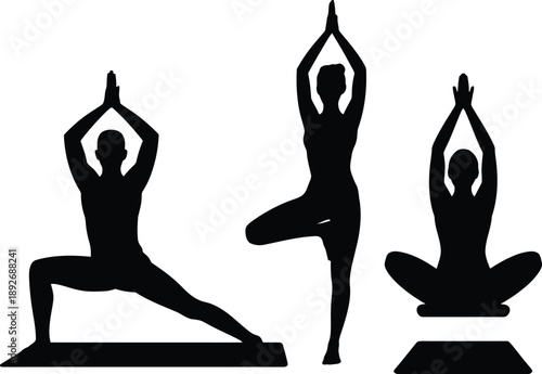 Black silhouettes of men and women performing fitness yoga dance and gymnastics poses