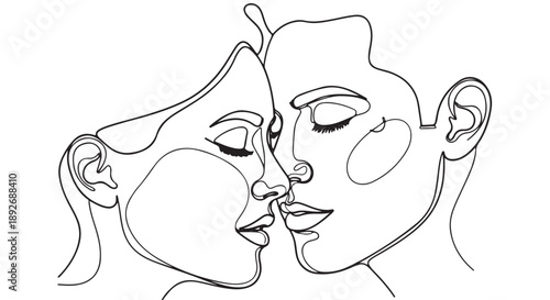 Abstract continuous single line art illustration of a loving couple sharing a tender intimate moment, symbolizing unity and deep affection