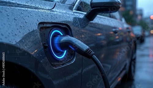 Auto elettrica in ricarica con connettore illuminato di blu sotto la pioggia. Generative AI