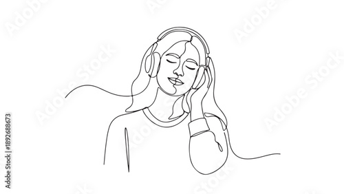 Minimalist continuous line art drawing of a serene young woman with headphones, enjoying the rhythmic sound and peaceful relaxation