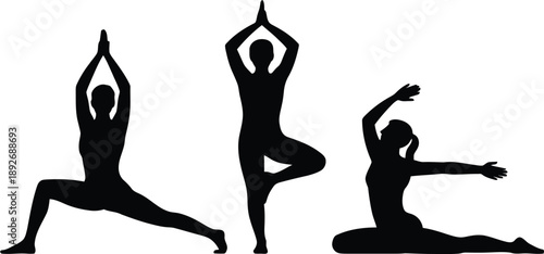 Black silhouettes of men and women performing fitness yoga dance and gymnastics poses