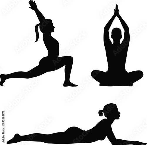 Black silhouettes of men and women performing fitness yoga dance and gymnastics poses