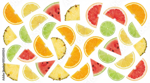 Seamless Pattern of Mixed Tropical Fruit Wedges on White Background
