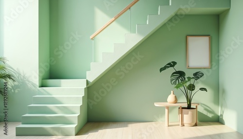 Minimalist home interior design pastel green walls, light wood floor. Sleek staircase with glass, wood railing connects levels. Large potted monstera plant, decorative vase on small table. Blank