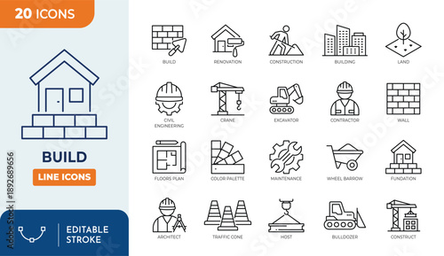 build line editable icon set. Contain icons related to build, construction, building, architecture, worker, and more. Editable stroke. Vector illustration