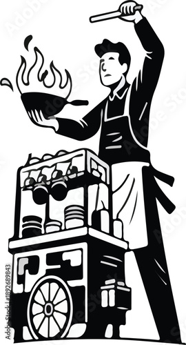 A stylized black and white illustration of a street vendor flamb?ing food in a wok next to a traditional food cart.