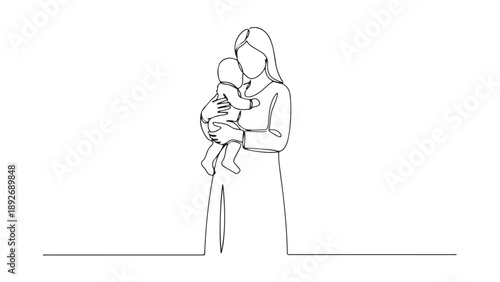 Beautiful continuous line drawing of a mother embracing her baby with tender love and care, illustrating the minimalist concept of a strong maternal bond and nurturing connection