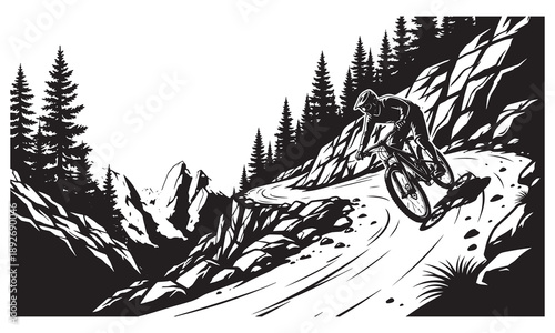 Mountain biker on a winding trail with steep cliffs and pine trees, enjoying the ride.