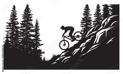 Silhouette of a mountain biker descending a steep, rocky slope with pine trees.