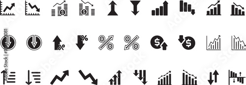 Increase and decrease icon set. Containing growth, fall, up, down icons. Business growth and decline graph symbols, vector illustration.