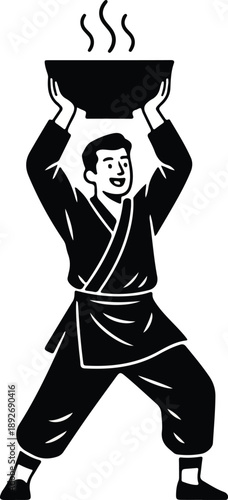 Black and white illustration of a smiling man, likely a street vendor, in a gi, holding a steaming bowl of food triumphantly overhead.