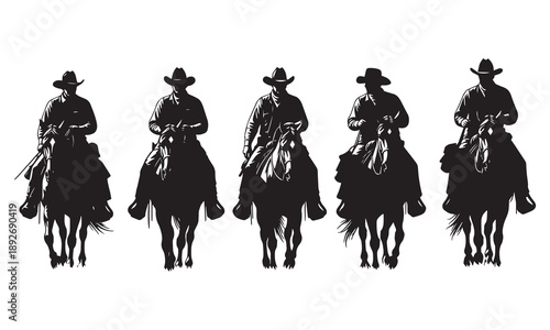 Five cowboys on horseback in silhouette, detailed illustration with grass below