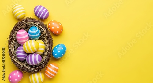 Colorful easter eggs in a bird's nest on yellow background