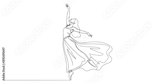 Continuous line drawing of graceful ballerina dancing, capturing fluid movement and artistic expression in a minimalist style on a white background