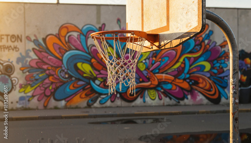 Urban Street Basketball Hoop with Graffiti Wall Background