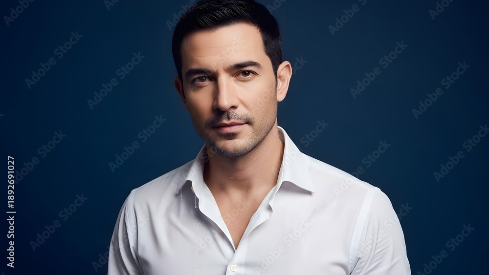 Obraz premium A handsome man in a white shirt posing against a dark blue background