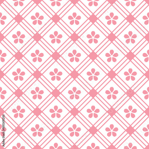 Seamless pattern with pink cherry blossoms on a white diagonal checkered background. Elegant floral vector texture ideal for spring textiles, wrapping paper, wallpapers, and stationery.