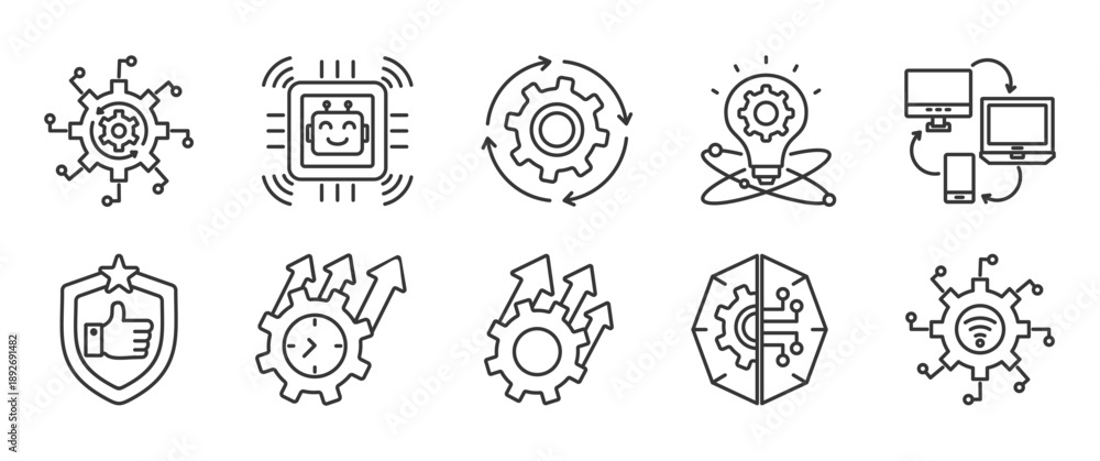 Fototapeta premium Automation icon set collection in outline style. Icon pack contain Automation, Technology, process, innovation, digital, reability, productivity, improvement, AI system, smart system