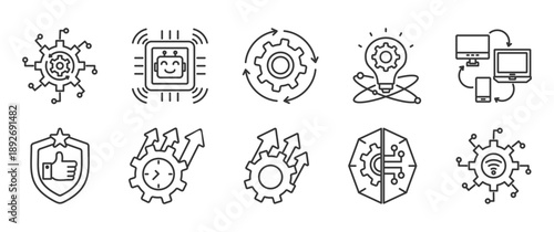 Automation  icon set collection in outline style. Icon pack contain Automation, Technology, process, innovation, digital, reability, productivity, improvement, AI system, smart system