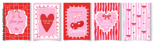 Modern Valentine’s Day vector background, card and poster set with colorful abstract hearts and trendy typography. Romantic design templates for banners, social media, advertising, branding, sale