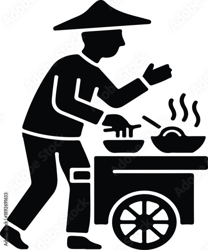A street vendor in a traditional conical hat preparing hot food on a mobile cart with steaming bowls, depicted in a black silhouette style.