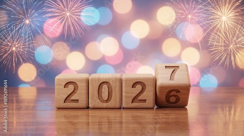 3D Rendered Wooden Blocks Displaying Year 2027 with Fireworks Celebration Background