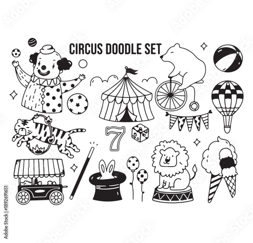 Circus Carnival Clown Fun Doodle Set, Amusement Park Hand Drawn Vector Clipart, Festival Entertainment Illustration Collection, Big Top Show Sketch Design Pack, Juggler Acrobat Line Art Elements, Colo