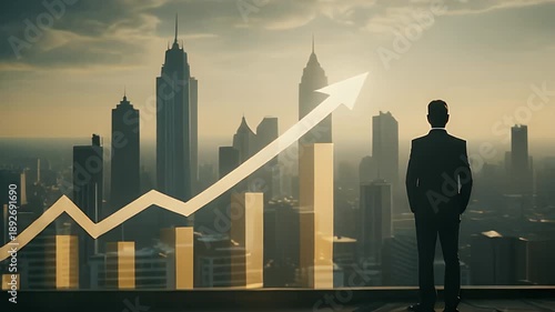Wallpaper Mural Businessman overlooks city skyline with an upward financial chart and bar graph, prominently featuring an arrow indicating a significant increase in business prosperity and economic growth Torontodigital.ca