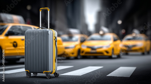 A sleek gray suitcase stands alone on a crosswalk, with bustling yellow taxis lining the busy city street