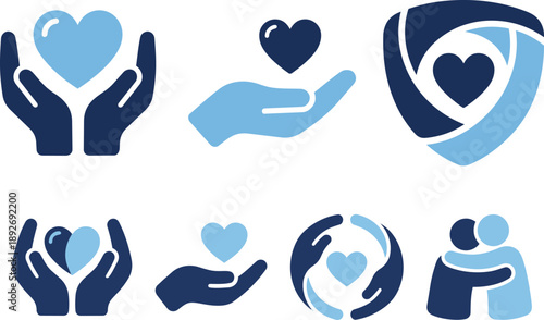 Blue healthcare and insurance icon set illustrating care, love, protection, medical support, family wellbeing, and safety concepts for digital health platforms, mobile apps, websites, and branding use