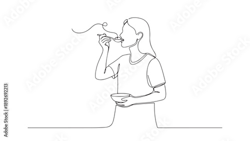 Continuous line art illustration of a woman mindfully enjoying a warm, healthy meal, symbolizing comfort, wellness, and self-care in a simple, elegant style