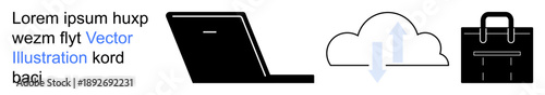 Data storage, cloud computing, digital business, remote work, technology, file transfer. A laptop, a cloud with upload and download arrows and a briefcase. Data storage and cloud computing concept