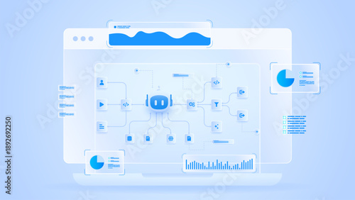 AI workflow automation artificial intelligence. ai agent network diagram dashboard process flow, analytic panel, data routing, and automation system.