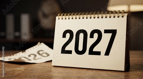 Realistic Tabletop Paper Calendar Displaying Year 2027 on Wooden Surface