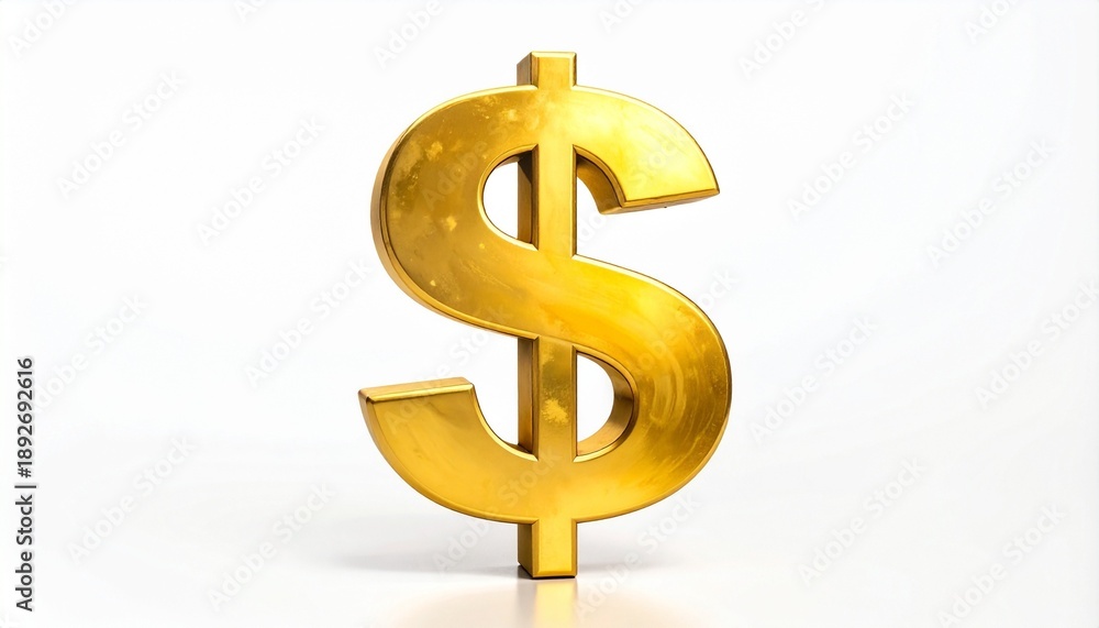 Obraz premium Golden 3D dollar sign centered on white background symbolizing wealth and financial value.