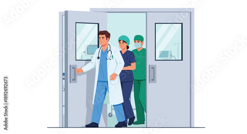 Team of Surgeons and Doctors in Scrubs Entering through Double Doors into a Medical Operating Theater