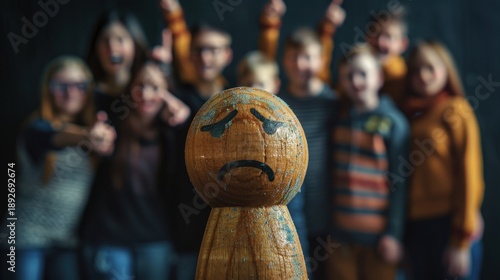 Sad wooden doll in foreground with group pointing back, bullying concept