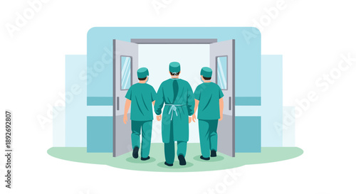 Back View of Three Surgeons in Green Scrubs Entering an Operating Room for a Medical Procedure