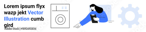 Home maintenance, repair services, appliance troubleshooting, technical support, washing machine care, diagnostics. Woman assessing washing machine with clipboard and gear icon. Home maintenance