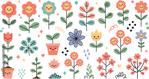 Cute smiling flower set with colorful blossoms, potted plants, leaves, and kawaii floral characters in cheerful vector illustration style