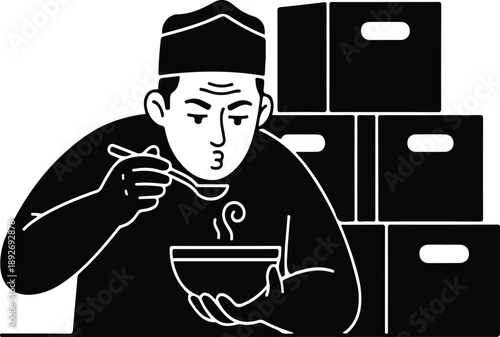 A minimalist black and white illustration of a man wearing a peci, eating hot soup from a bowl with a spoon, with stacked boxes in the background.