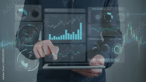 Wallpaper Mural Futuristic business analyst using a tablet to view upward trending business economy charts and graphs with increase arrows, data visualization Torontodigital.ca