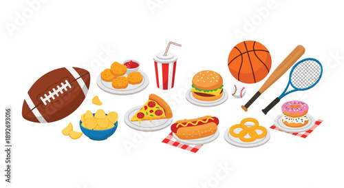 Assortment of Junk Food and Sports Equipment Including Pizza Burger Football and Basketball for Party Concept