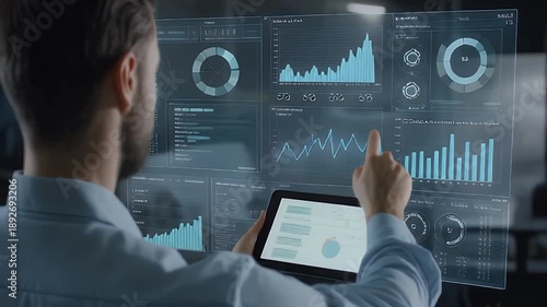 Wallpaper Mural Professional analyzes complex business economy data on a futuristic screen, interpreting upward arrow charts and dynamic growth graphs to visualize market increase for optimized strategy Torontodigital.ca