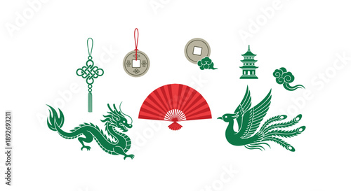 Traditional Chinese Cultural Symbols Featuring Green Dragon Phoenix Red Fan and Lucky Knot for Celebration