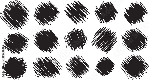 Brush lines set. Vector black paint brush spots, highlighter lines or felt-tip pen marker. Ink smudge abstract shape stains and smear set with texture 