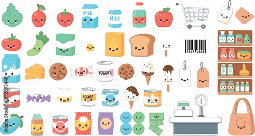 Cute grocery store food character set with fruits, snacks, dairy, drinks, shopping cart, cashier, and kawaii supermarket illustration pack