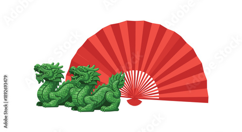 Pair of Green Dragon Statues Positioned in Front of a Large Red Decorative Fan for Cultural Display