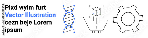 DNA helix structure, 3D cube construction, and gear symbolizing innovation, engineering, and biotechnology. Ideal for science visualizations, research themes, technology guides, corporate